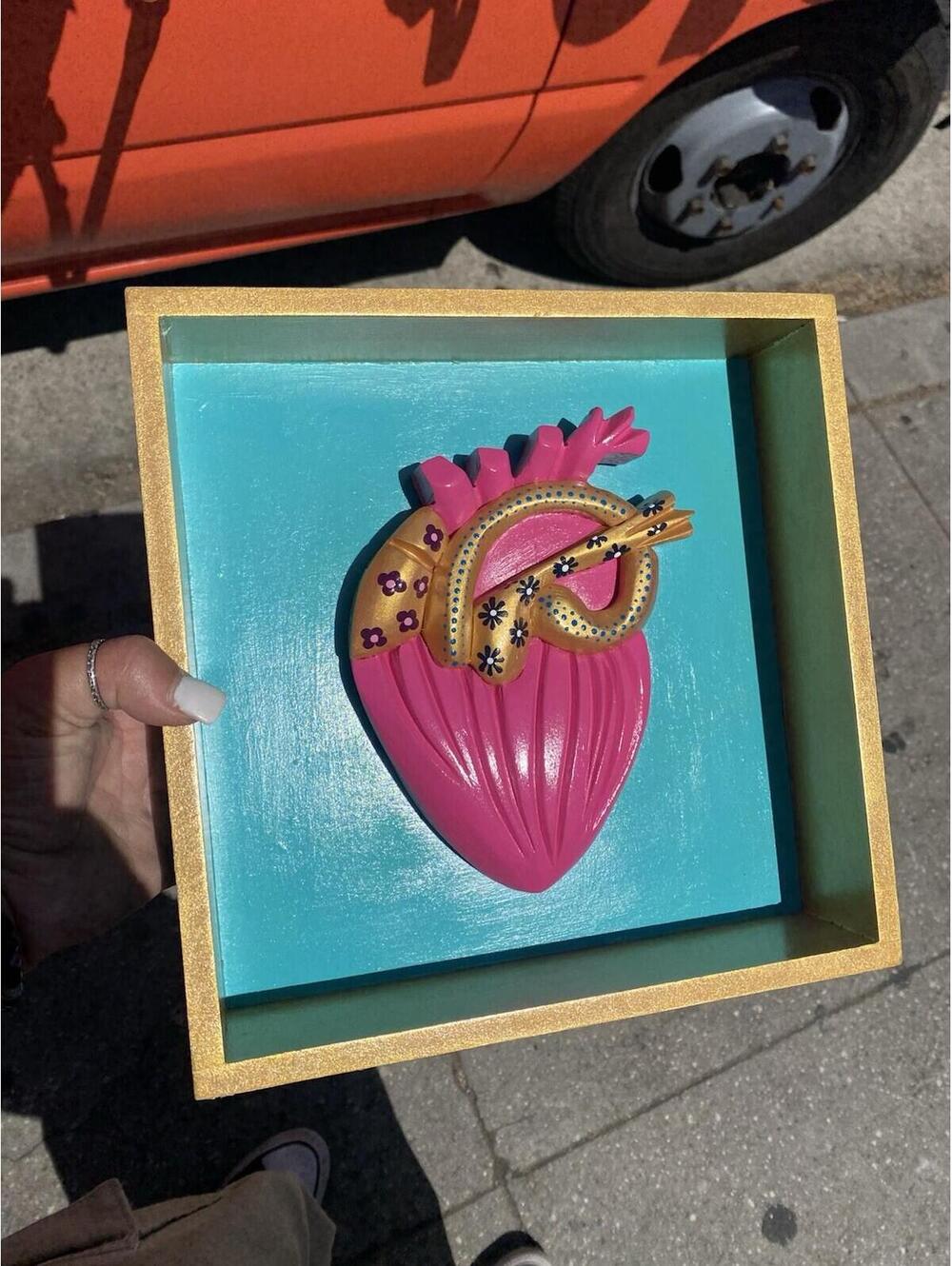 Handpainted Mexican Folk Art Sacred Heart Wood Framed 3D Painting